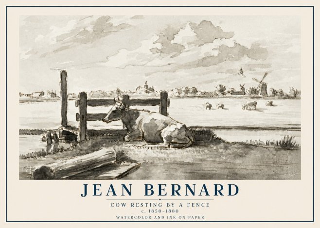 Jean Bernard Cow Resting by a Fence No2 - Póster