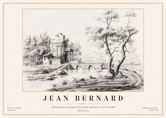Jean Bernard Riverside Landscape with Bridge and Tower No1 - Póster
