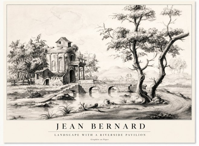 Jean Bernard Riverside Landscape with Bridge and Tower No2 - Póster