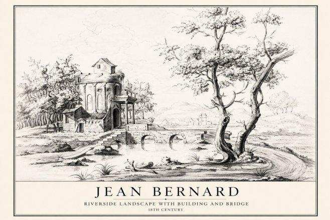 Jean Bernard Riverside Landscape with Bridge and Tower No4 - Póster