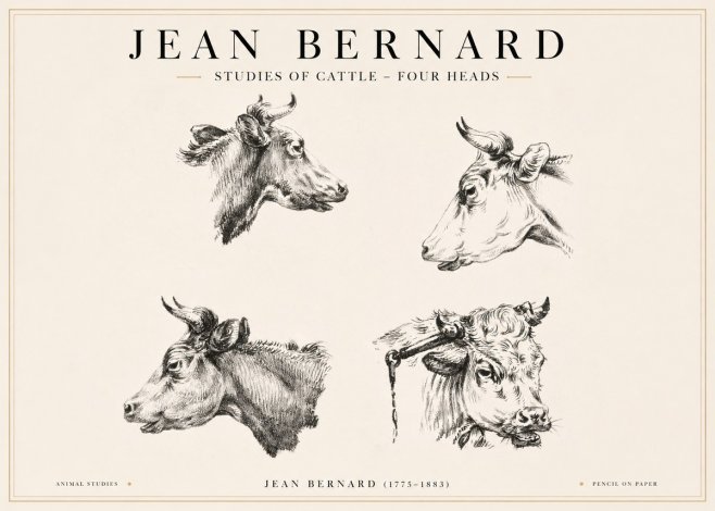Jean Bernard Studies of Cattle - Four Heads No1 - Póster