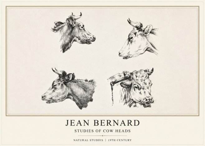 Jean Bernard Studies of Cattle - Four Heads No2 - Póster