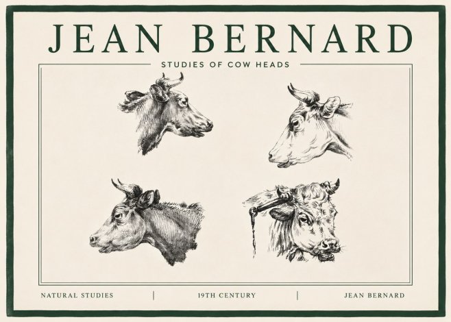 Jean Bernard Studies of Cattle - Four Heads No4 - Póster
