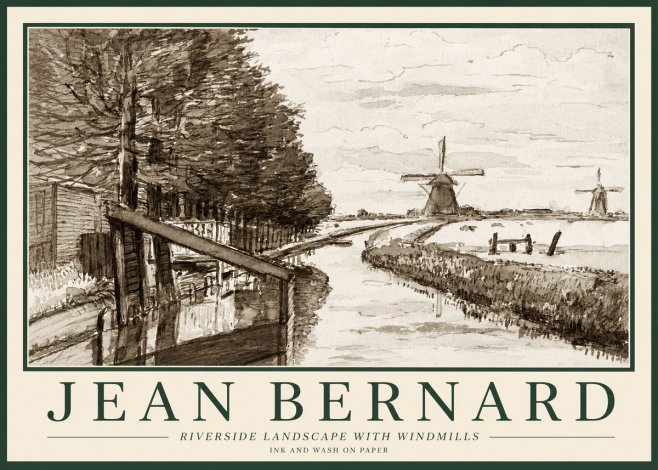 Jean Bernard Riverside Landscape with Windmills No1 - Póster