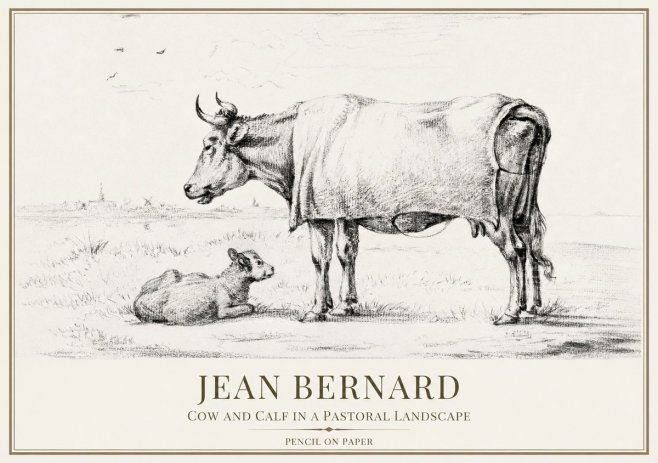 Jean Bernard Cow and Calf in a Pastoral Landscape No1 - Póster