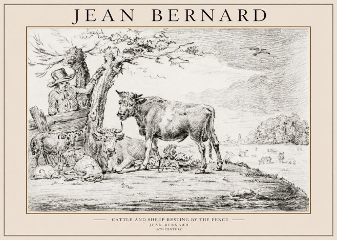 Jean Bernard Cattle and Sheep Resting by the Fence No1 - Póster