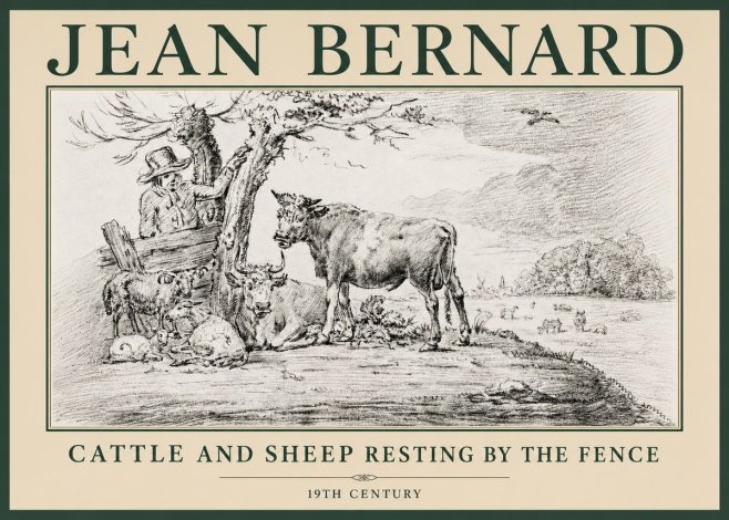 Jean Bernard Cattle and Sheep Resting by the Fence No4 - Póster