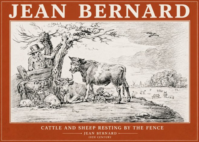 Jean Bernard Cattle and Sheep Resting by the Fence No6 - Póster
