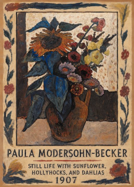 Paula Modersohn-Becker Still Life with Sunflower, Hollyhocks, and Dahlias No1 - Póster