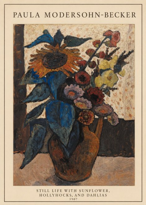 Paula Modersohn-Becker Still Life with Sunflower, Hollyhocks, and Dahlias No5 - Póster