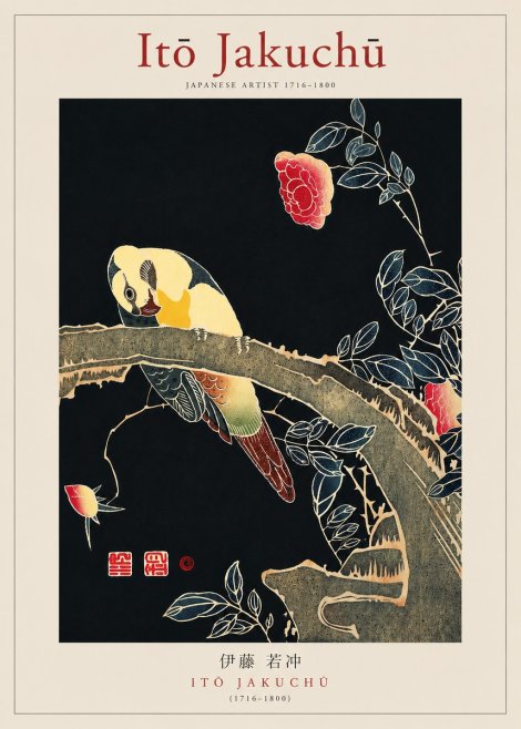 Itō Jakuchū Parrot and Rose No3 - Póster