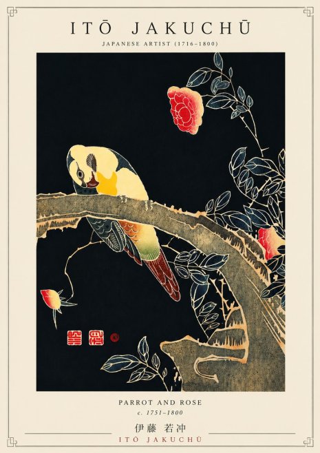 Itō Jakuchū Parrot and Rose No5 - Póster