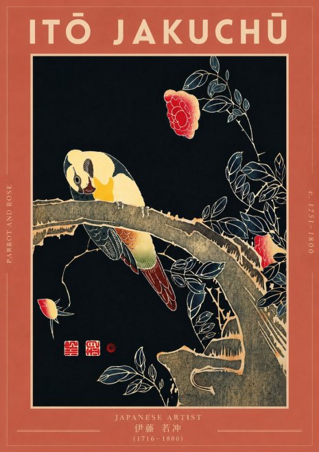 Itō Jakuchū Parrot and Rose No7 - Póster
