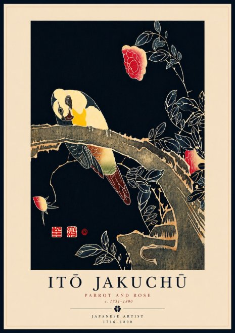 Itō Jakuchū Parrot and Rose No8 - Póster