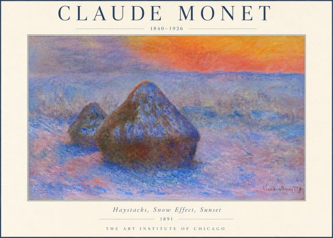 Monet Haystacks, Snow Effect, Sunset No3 - Póster