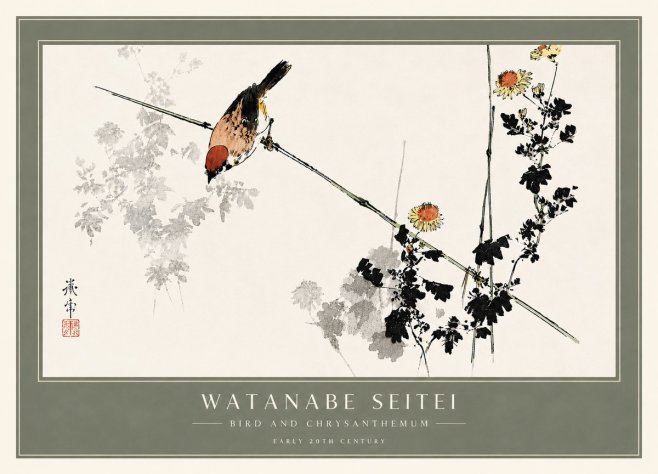 Watanabe Seitei Bird and Chrysanthemum No6 - Póster