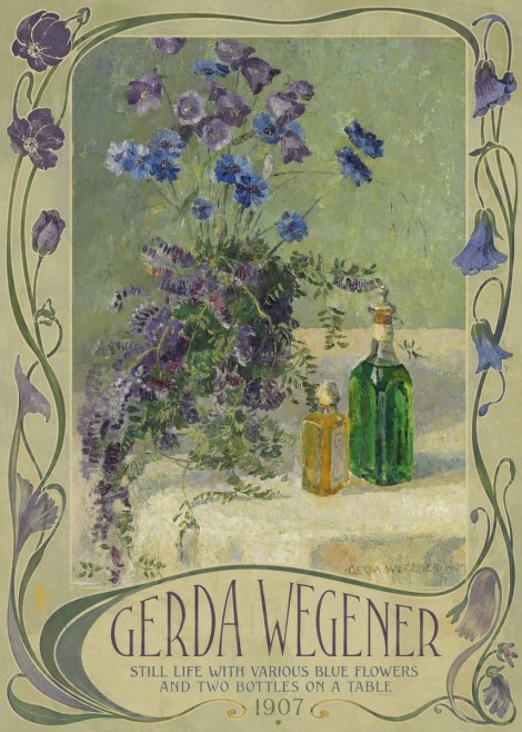 Gerda Wegener Still Life with Various Blue Flowers and Two Bottles on a Table No2 - Póster