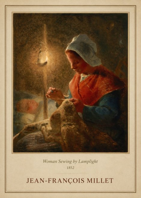 Jean-François Millet Woman Sewing by Lamplight No1 - Póster