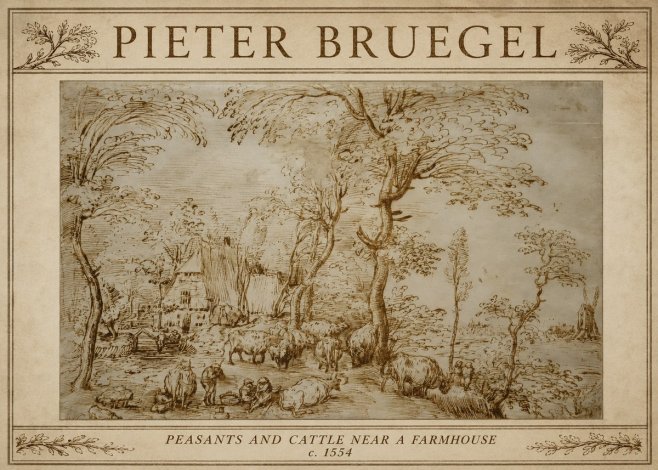 Pieter Bruegel Peasants and Cattle Near a Farmhouse No3 - Póster