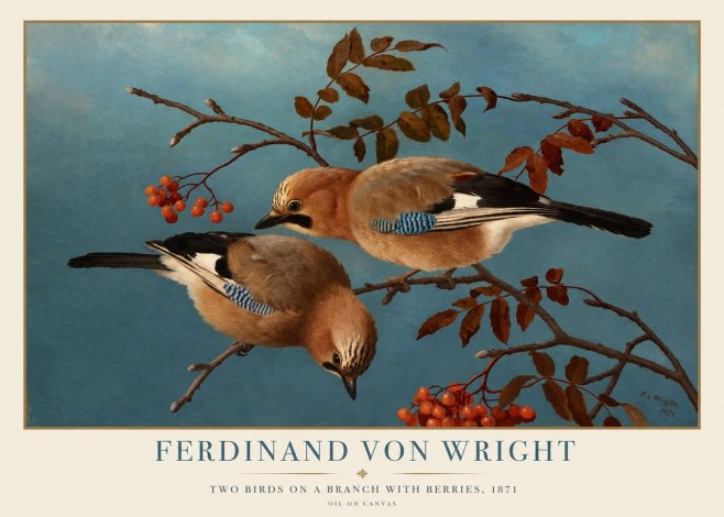 Ferdinand von Wright Two Birds on a Branch with Berries, 1871 No1 - Póster