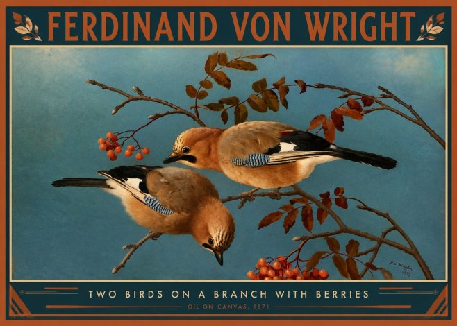 Ferdinand von Wright Two Birds on a Branch with Berries, 1871 No2 - Póster