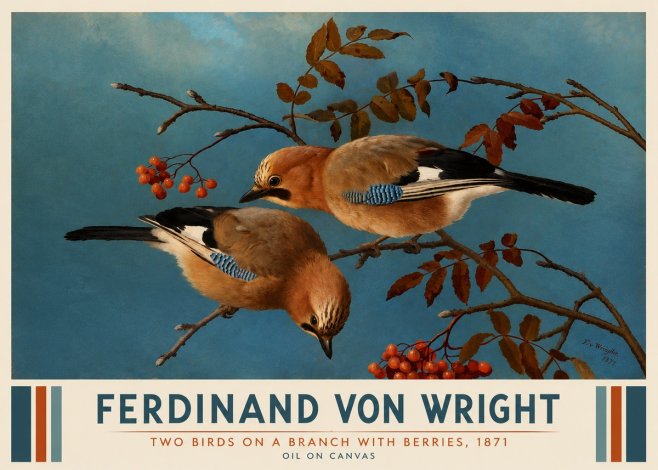 Ferdinand von Wright Two Birds on a Branch with Berries, 1871 No3 - Póster