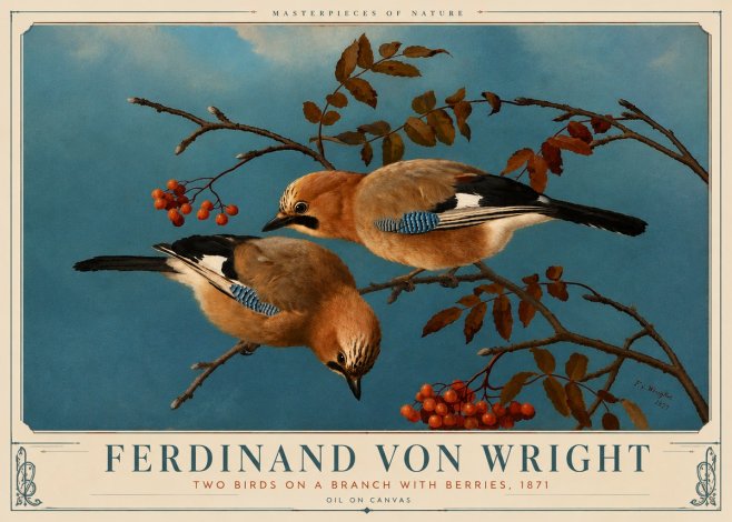 Ferdinand von Wright Two Birds on a Branch with Berries, 1871 No6 - Póster