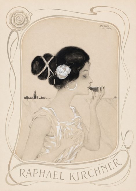 Raphael Kirchner Elegant Lady with Rose and Cup No4 - Póster