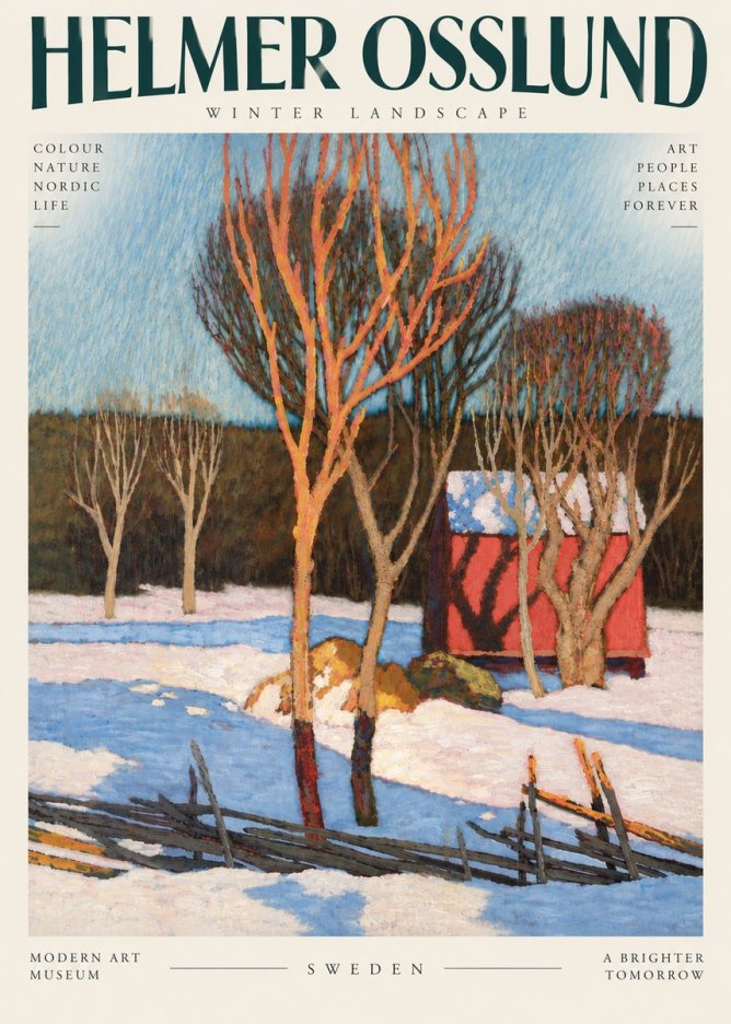 Helmer Osslund Winter Landscape with Red Barn No6 - Póster