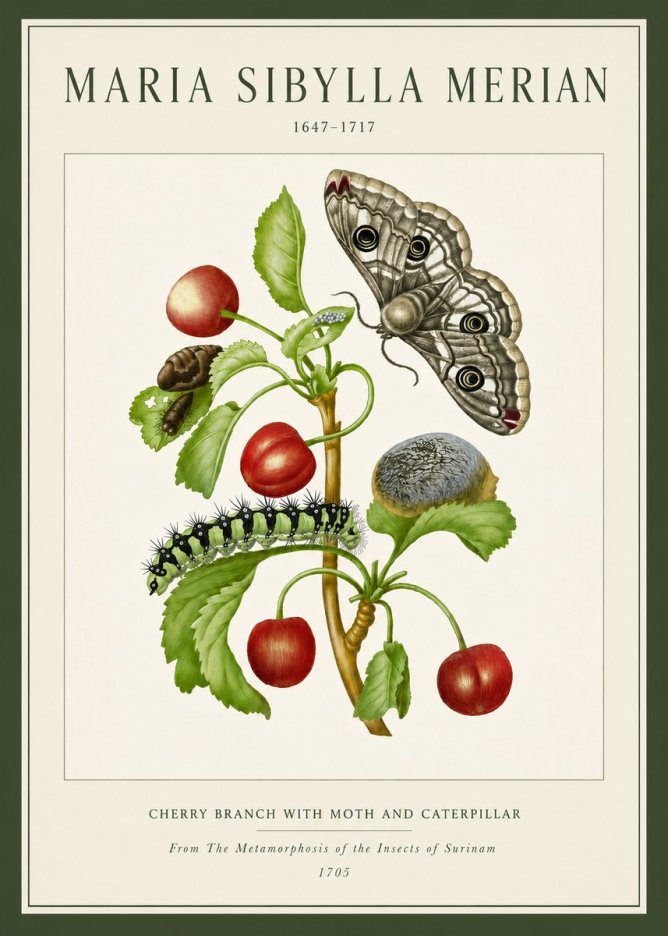Maria Sibylla Merian Cherry Branch with Moth and Caterpillar No5 - Póster