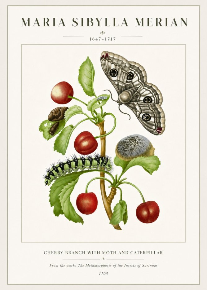 Maria Sibylla Merian Cherry Branch with Moth and Caterpillar No6 - Póster