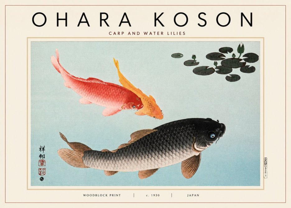 Ohara Koson Carp and Water Lilies No4 - Póster