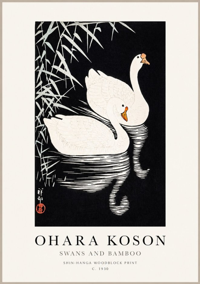 Ohara Koson Swans and Bamboo No1 - Póster