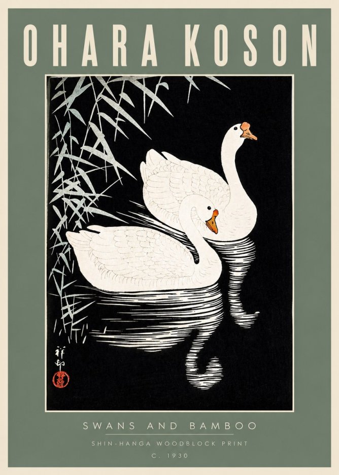 Ohara Koson Swans and Bamboo No2 - Póster