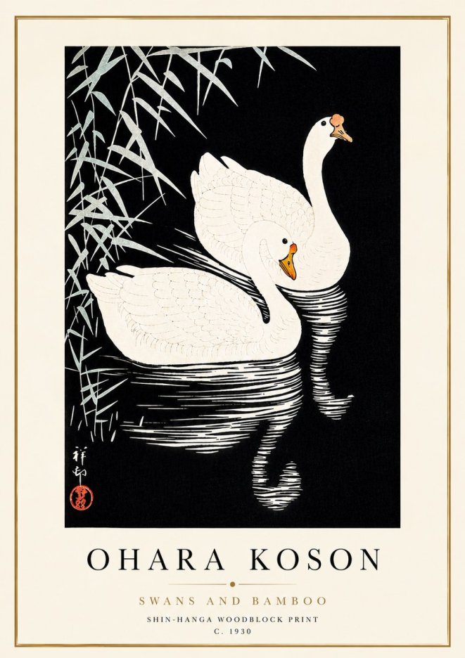 Ohara Koson Swans and Bamboo No5 - Póster