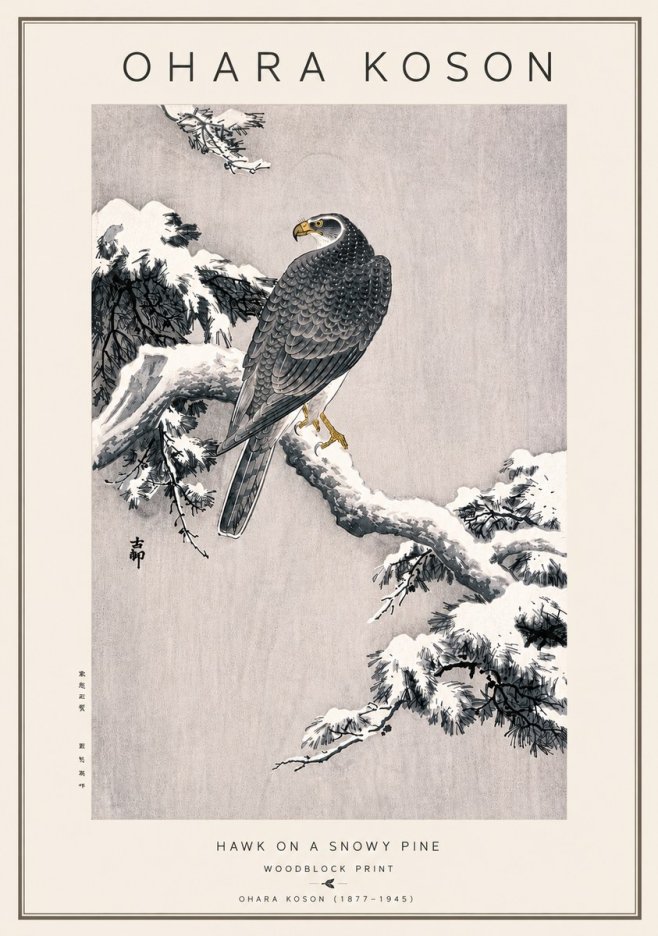 Ohara Koson Hawk on a Snowy Pine No5 - Póster