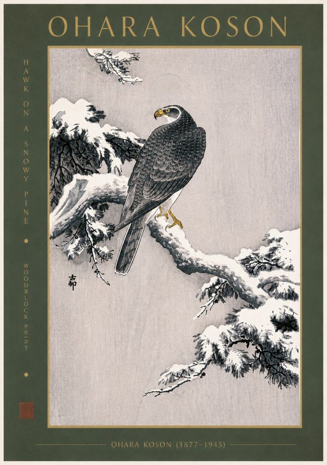 Ohara Koson Hawk on a Snowy Pine No6 - Póster