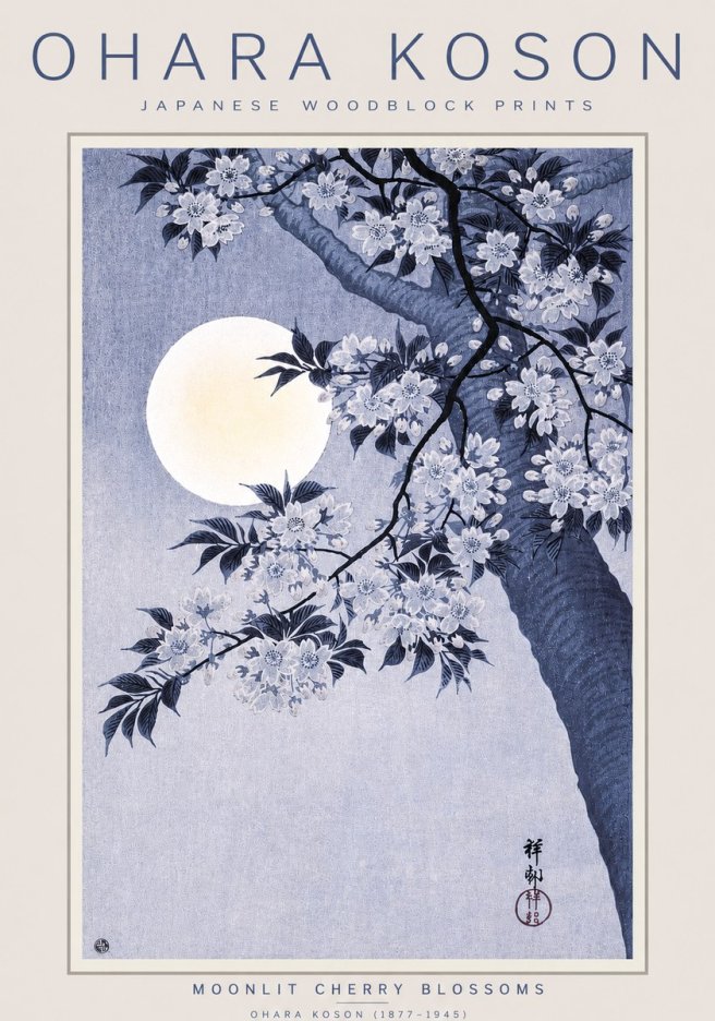 Ohara Koson Moonlit Cherry Blossoms No3 - Póster