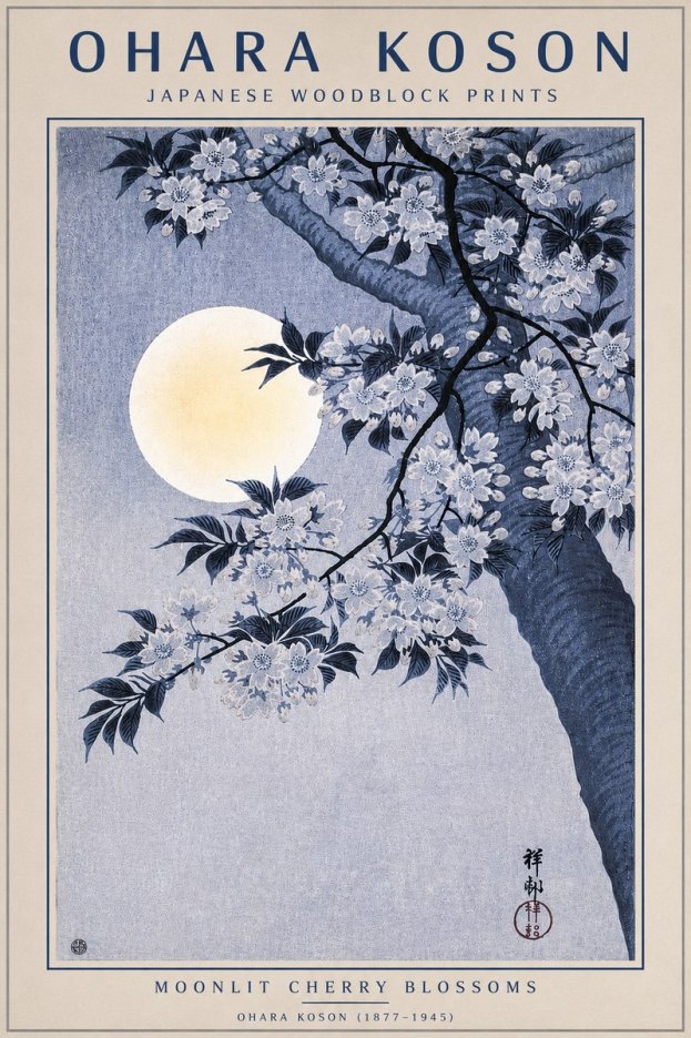 Ohara Koson Moonlit Cherry Blossoms No4 - Póster