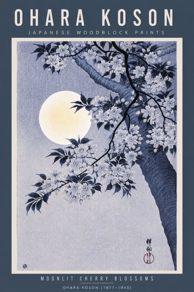 Ohara Koson Moonlit Cherry Blossoms No5 - Póster
