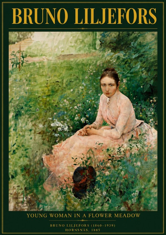Bruno Liljefors Young Woman in a Flower Meadow No5 - Póster