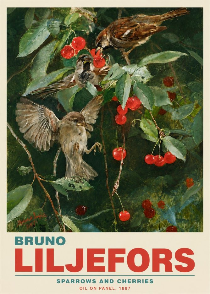Bruno Liljefors Sparrows and Cherries No5 - Póster