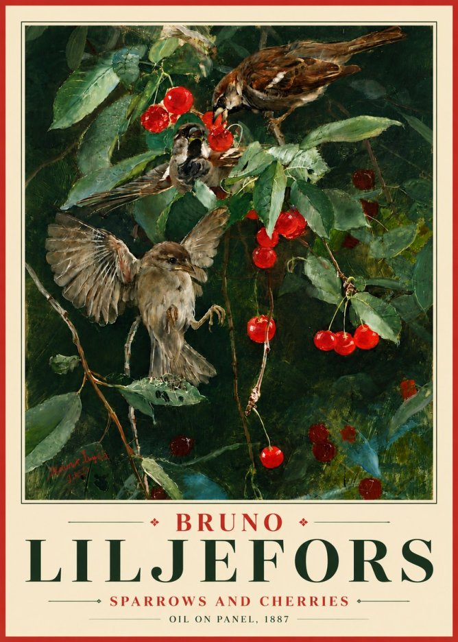 Bruno Liljefors Sparrows and Cherries No6 - Póster