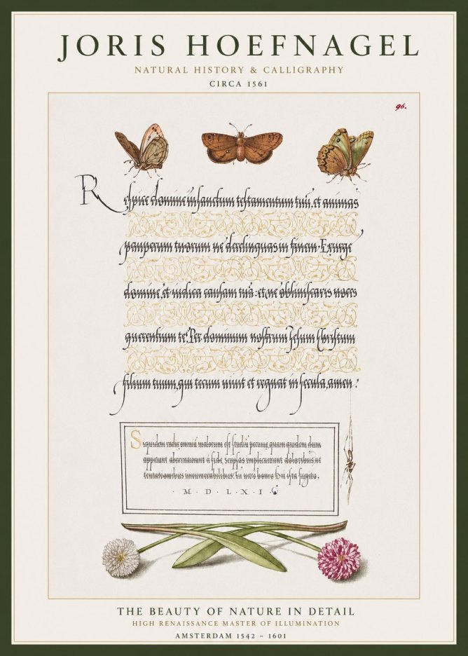 Joris Hoefnagel Butterflies, Flowers and Calligraphy Page No1 - Póster