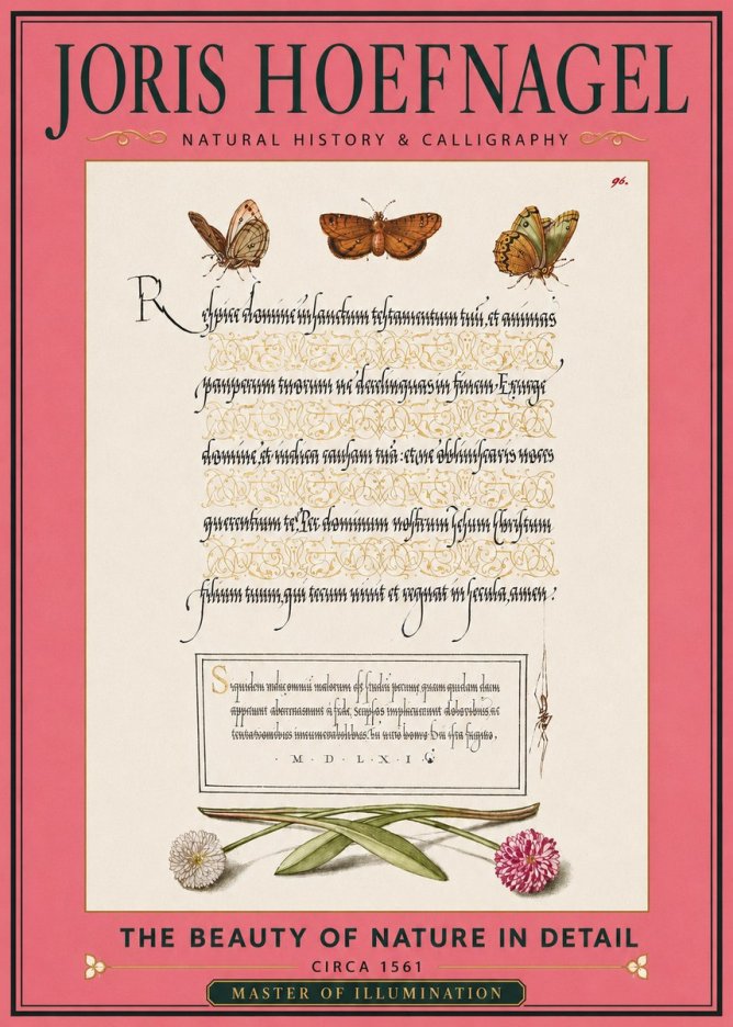 Joris Hoefnagel Butterflies, Flowers and Calligraphy Page No2 - Póster