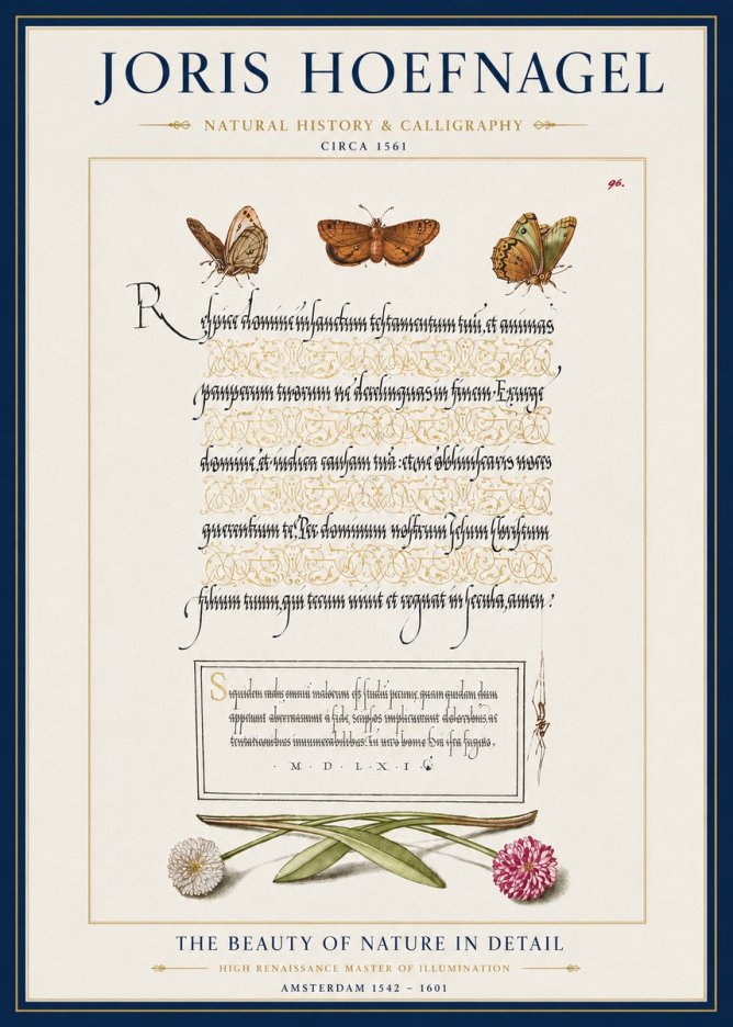 Joris Hoefnagel Butterflies, Flowers and Calligraphy Page No3 - Póster
