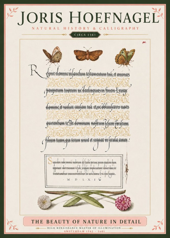 Joris Hoefnagel Butterflies, Flowers and Calligraphy Page No4 - Póster