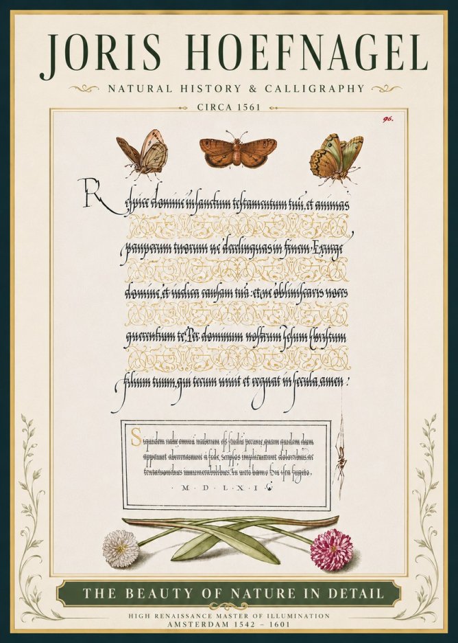 Joris Hoefnagel Butterflies, Flowers and Calligraphy Page No5 - Póster