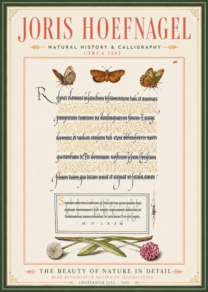 Joris Hoefnagel Butterflies, Flowers and Calligraphy Page No6 - Póster