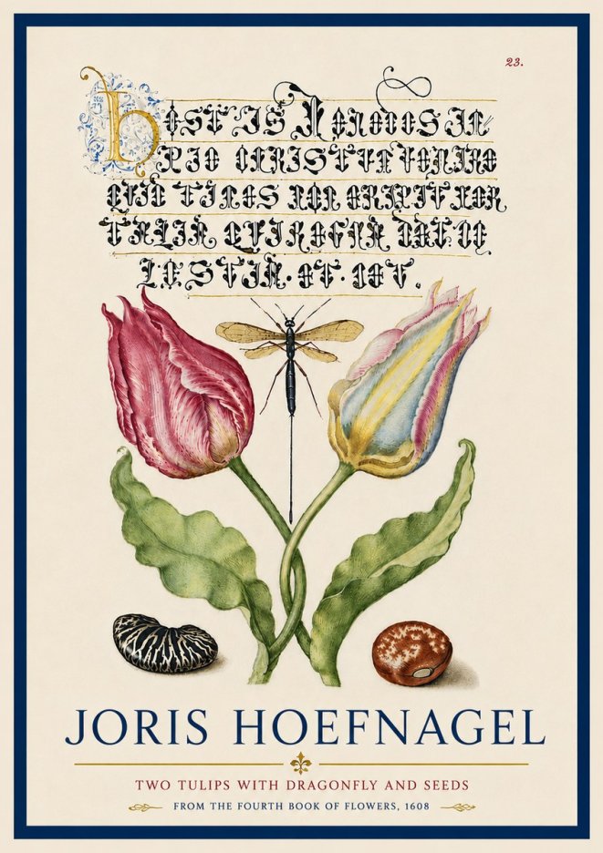 Joris Hoefnagel Two Tulips with Dragonfly and Seeds No6 - Póster